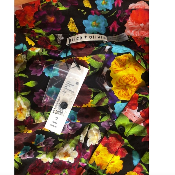 Alice + Olivia Multicolored Silk Kaleidoscopic Floral Print Shir - Picture 5 of 8